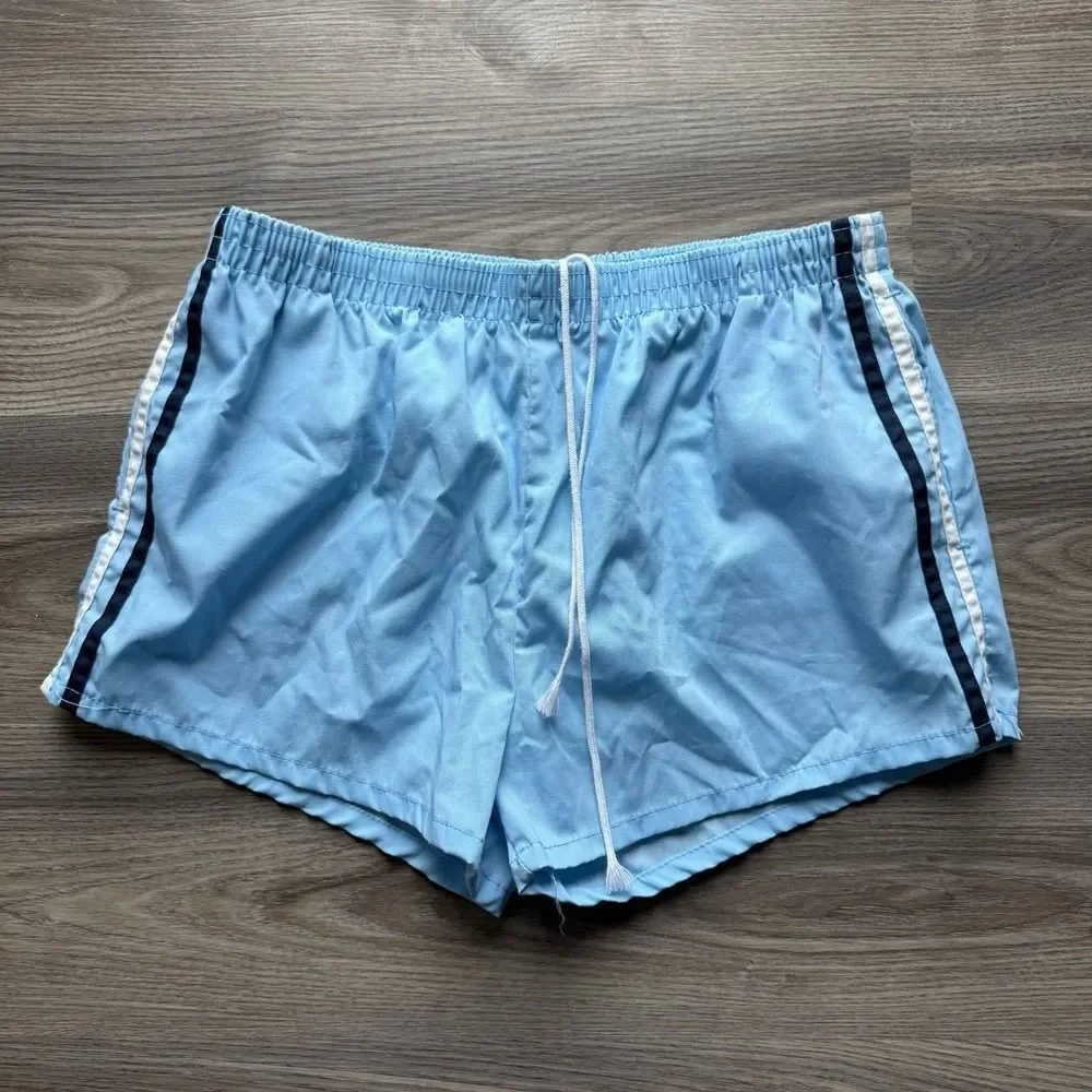 VTG 70s Sears Size M 31-32 Blue Gym Running Shorts USA Black Trim Track 30 Lined
